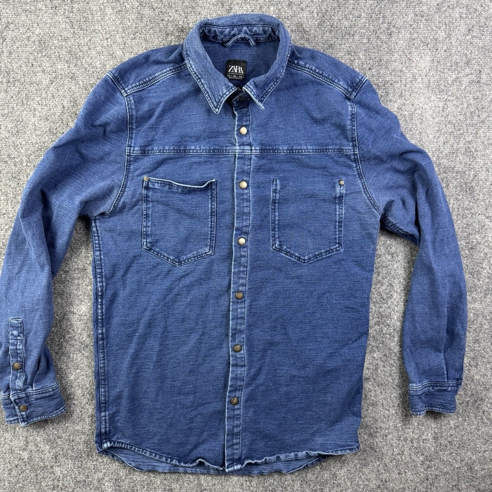 Zara Blue Denim Shirt Men's Size Large Button Down Cotton Pocket Casual